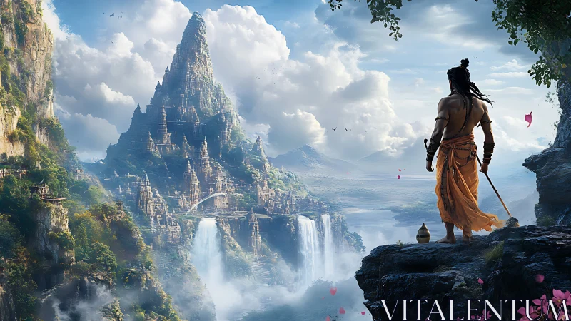 Warrior overlooking tiered mountain city with waterfalls.