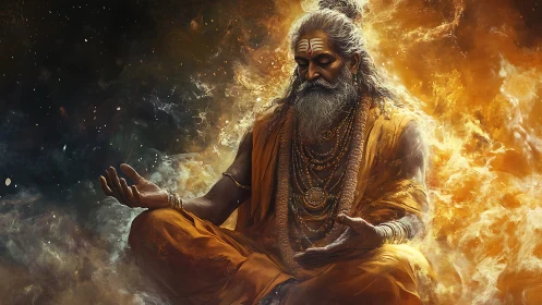 Elderly robed ascetic in seated meditation amid fiery cloud.