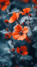 Orange flowers blooming against contrasting dark background foliage.
