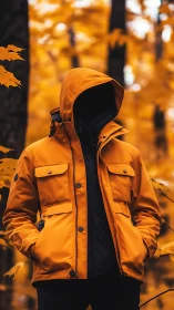Figure in Orange Jacket Against Autumn Foliage.