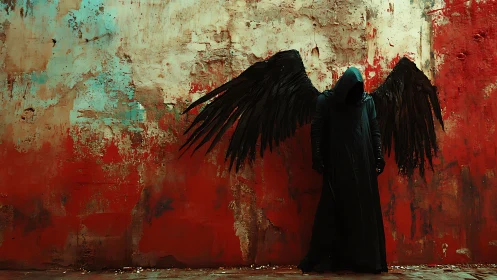 Dark winged figure against distressed red concrete wall.