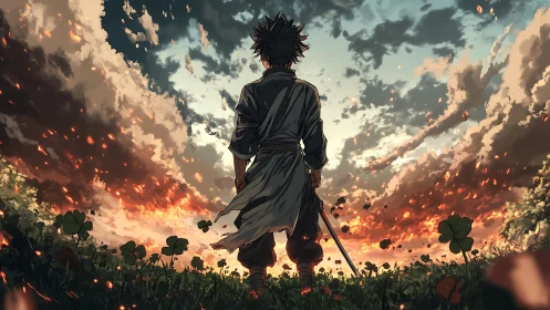 Lone warrior observing a burning horizon at dusk.