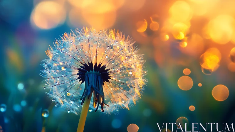 Dewlit dandelion globe hums softly against glowing twilight