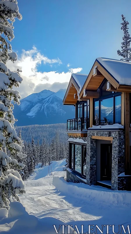 Snow-loaded alpine villa with reflective glazing and ridgeline vista.