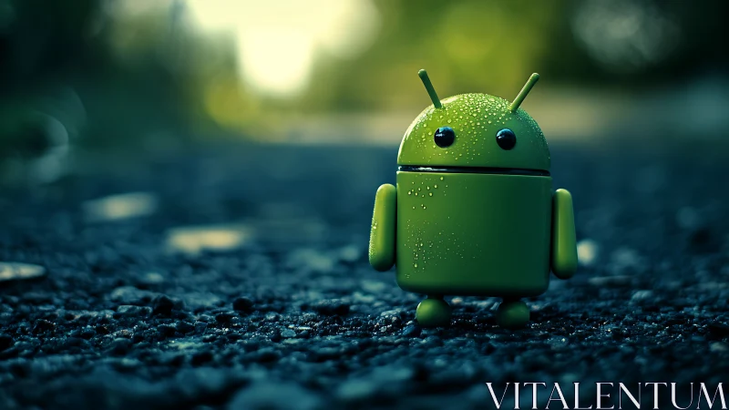 Green robot mascot on wet gravel road with soft bokeh background.