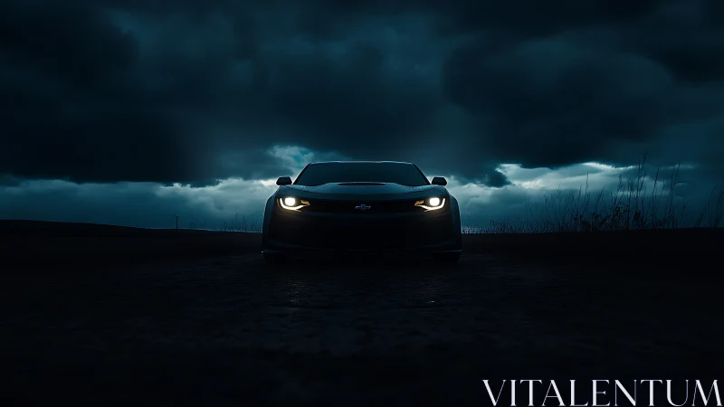 Sports car faces camera on dark rural road at dusk