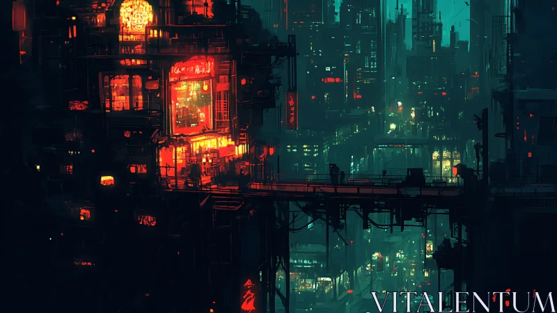 Neon skybridge cuts through dense cyberpunk megacity night.