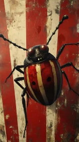Carnival beetle on rusted stripes, grinning at chaos.