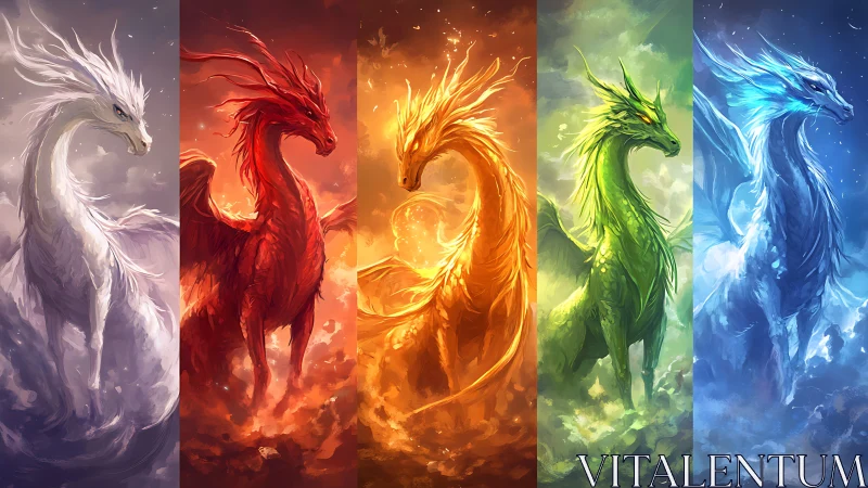 Five elemental dragons stand in colored vertical panels