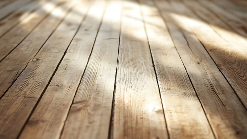 Sunlit wooden floorboards glow with warm rustic texture.