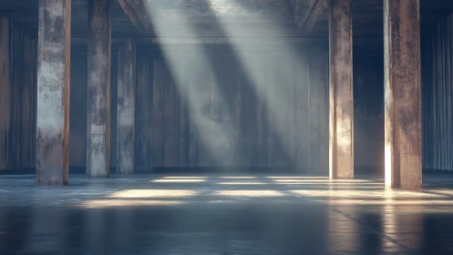 Sunlit concrete hall bathes weathered pillars in quiet glow.