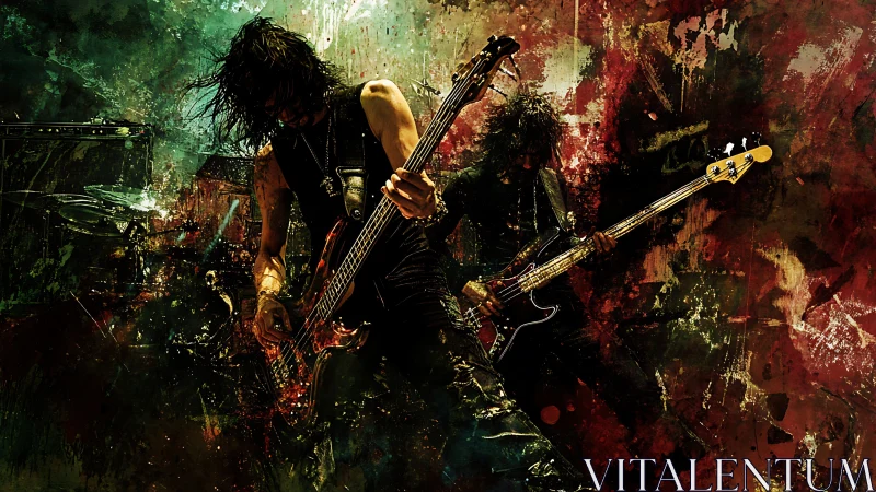 Electric bass guitarists on stage in abstract concert scene.