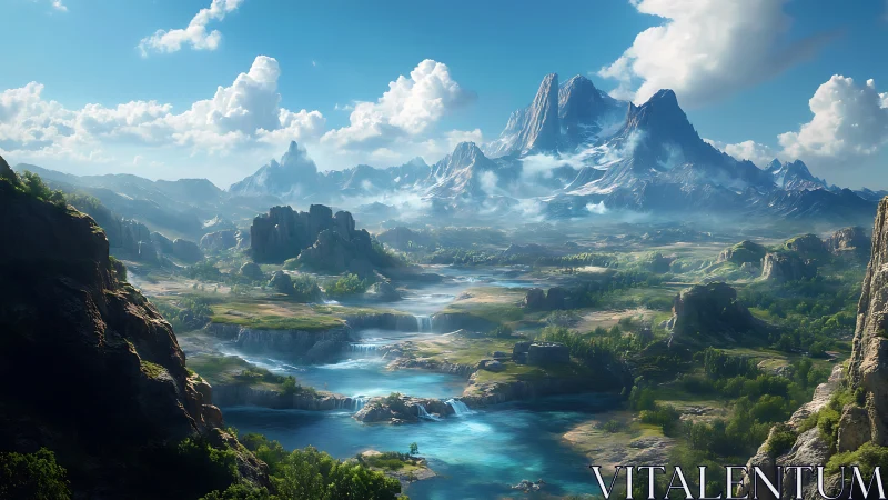 Sunlit valley rivers beneath towering dreamlike peaks.