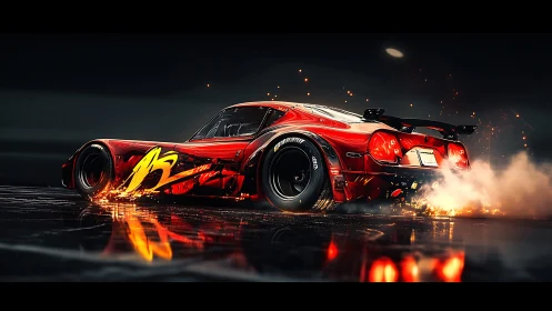 Red drift race car burns rubber and throws glowing sparks