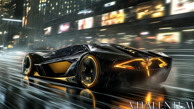 Midnight supercar blazes through a neon soaked rainy city