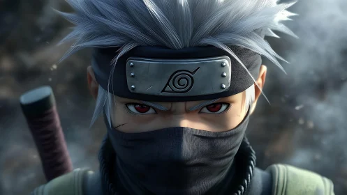 Silver haired masked ninja rendered in detailed close up