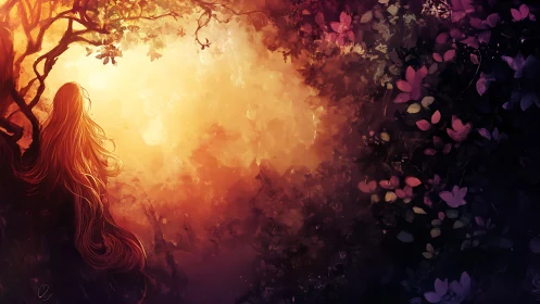 Backlit long-haired figure at golden forest clearing edge