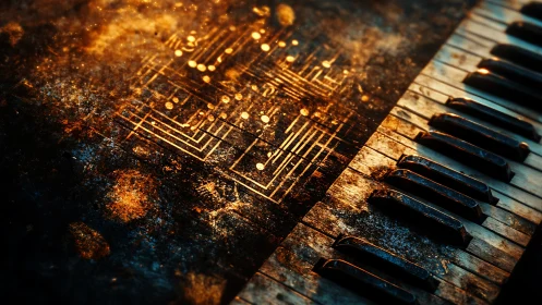 Circuit pattern overlay on worn piano keyboard surface.