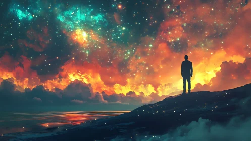 Solitary dreamer rewrites the sky in molten cosmic fire