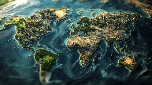 Futuristic world map cityscape imagines a fully urbanized Earth