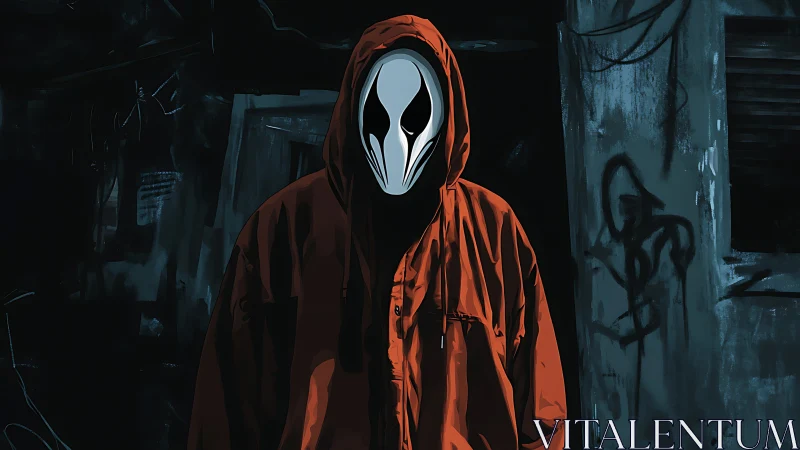 Hooded specter drifts through graffiti-stained midnight alleyway