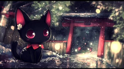 Black neko spirit guards snowy shrine path under lantern glow