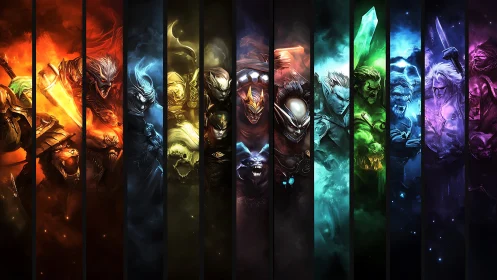 Segmented fantasy characters align across a full color spectrum