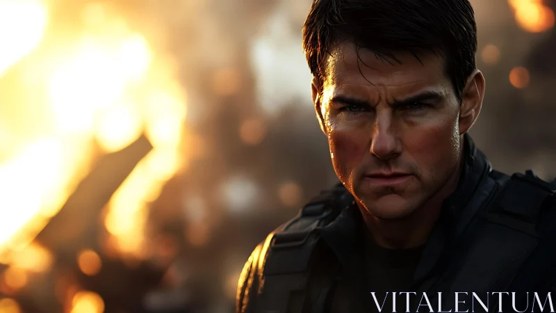 Intense action hero stands defiant before blazing ruins