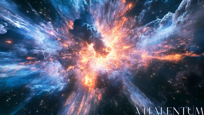 Stellar explosion with radiating fire and blue nebula clouds.