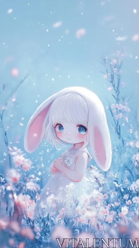 Chibi bunny-girl stands in pastel floral meadow under diffuse light