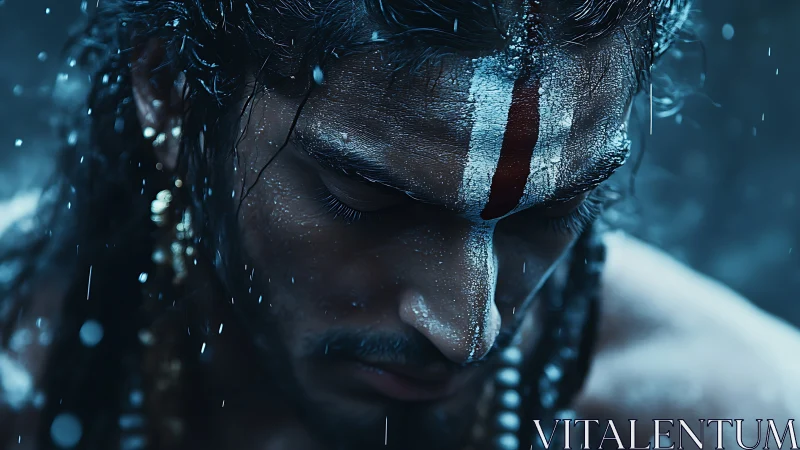 Portrait of wet man with forehead markings in rain.