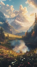 Sunlit alpine valley frames river below snowcapped peaks