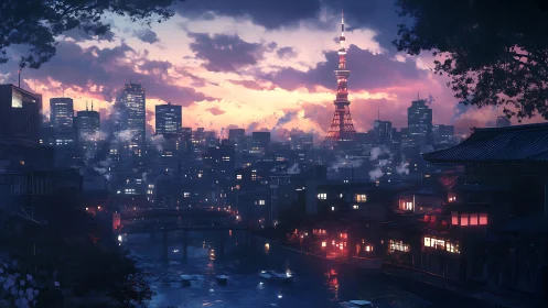 Twilight river cityscape with illuminated tower skyline panorama.