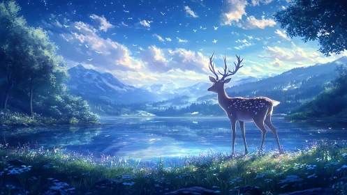 Serene stag at a starlit mountain lake at blue dawn.