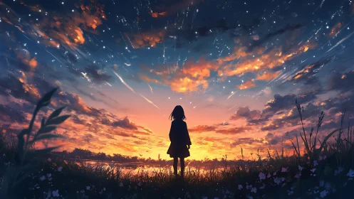 Girl silhouette watching vivid sunset sky and stars