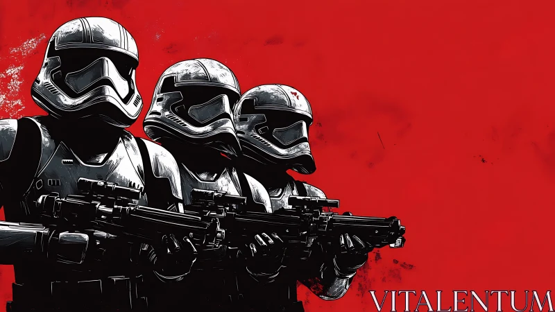 Armored sci fi soldiers aligned under stark red backdrop.