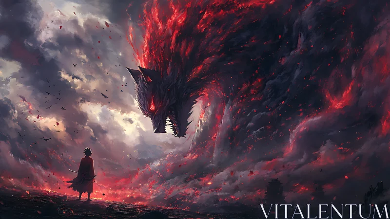 Warrior confronts colossal fiery wolf within storm vortex