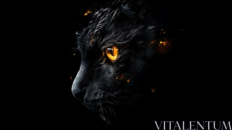 Black cat profile with molten amber eye in deep shadow