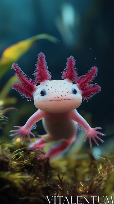 Curious pink axolotl drifts through a softly lit kelp forest