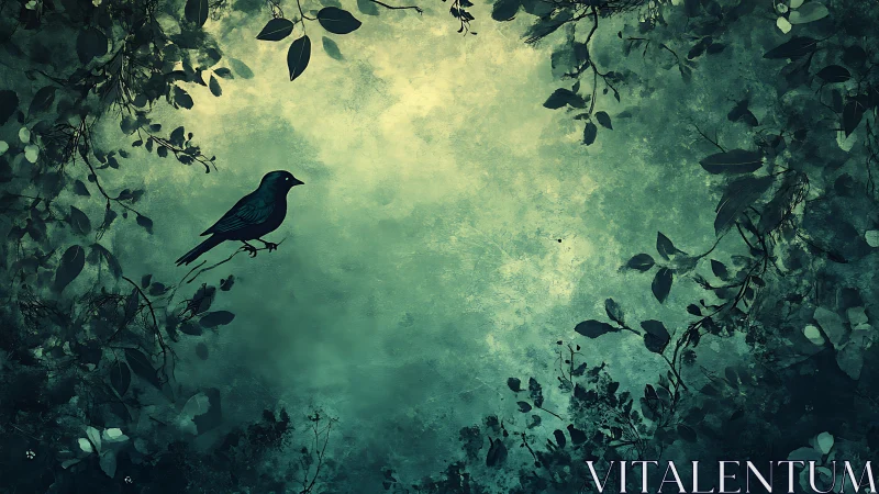 Solitary songbird silhouette framed by verdant foliage.