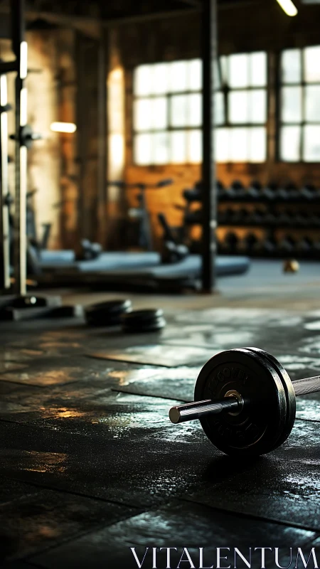 Low-angle barbell study in dim, industrial strength training hall