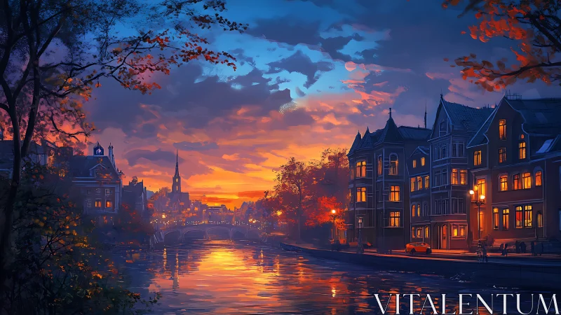 Canal-side urban skyline under vivid sunset sky at dusk.