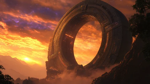 Colossal ring-shaped portal dominates a cinematic alien sunset