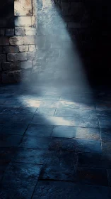 Shaft of light cuts through a dark stone chamber interior.