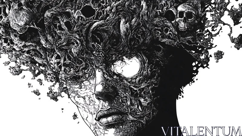 Surreal black ink portrait with skulls and dissolving head.