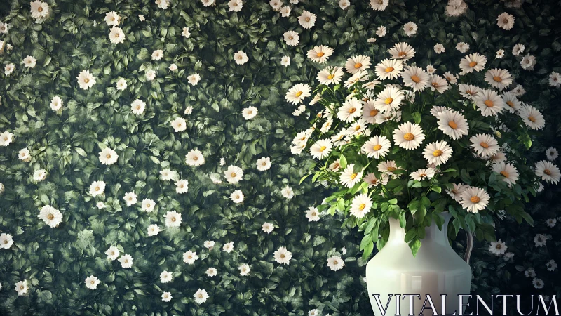 White ceramic vase holds daisy bouquet against dense floral wall.