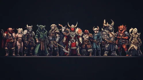 Digital fantasy lineup of armored RPG heroes in profile symmetry.