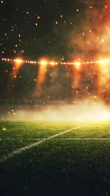 Floodlit stadium pitch under haze and airborne sparks at night
