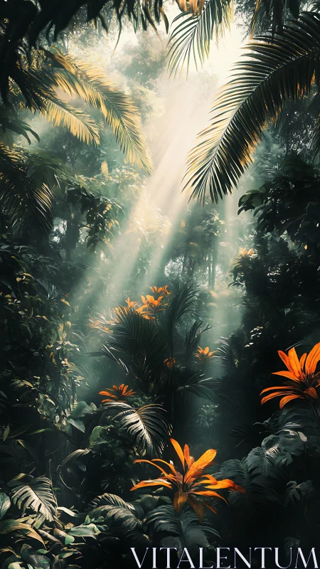 Sunlit rainforest canopy dramatizes orange tropical foliage