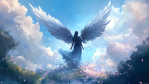 Luminous angel rises over a dreamlike meadow of light and sky